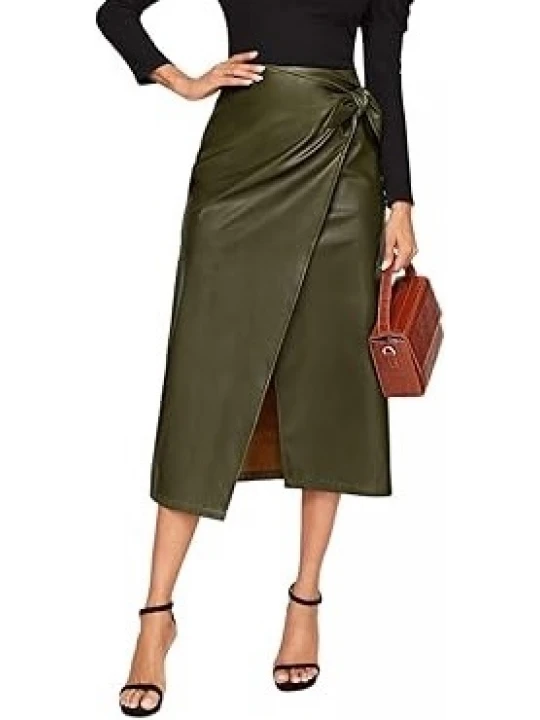 Tie Knot Wrap Green Leather Midi Skirt