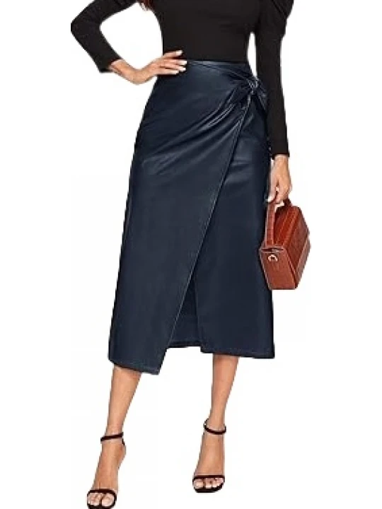 Tie Knot Wrap Navy Blue Leather Midi Skirt