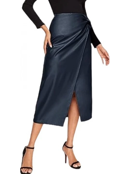 Tie Knot Wrap Navy Blue Leather Midi Skirt