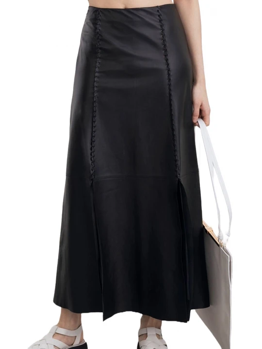 Twisted Leather Ribbons Black Leather Maxi Skirt