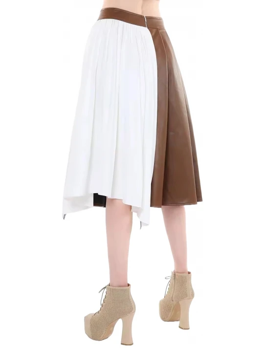 Two Tone Pleated Leather Skirt In Brown And White