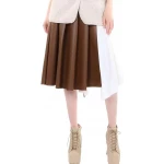 Two Tone Pleated Leather Skirt In Brown And White