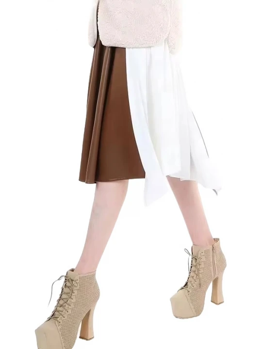 Two Tone Pleated Leather Skirt In Brown And White