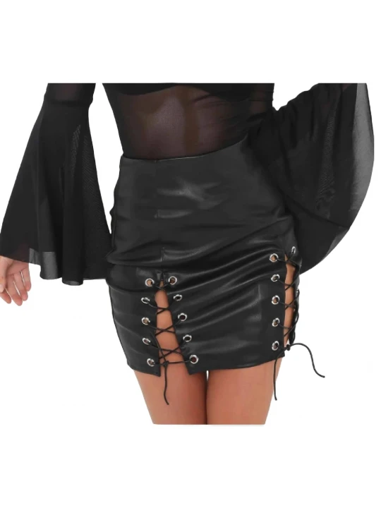 Women Lace Up High Waist Black Leather Short Skirt