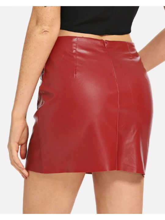 Womens Casual High Waist Zip Detail Red Leather Skirt