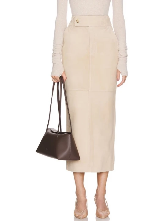 Zip Fly With Button Closure Cream Suede Leather Skirt