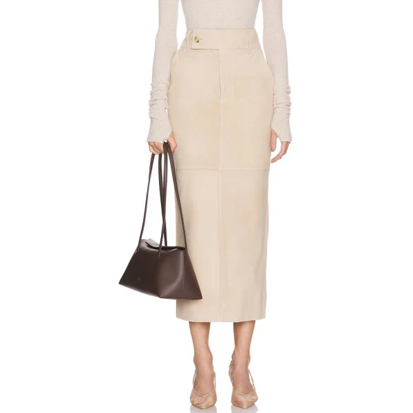 Zip Fly With Button Closure Cream Suede Leather Skirt