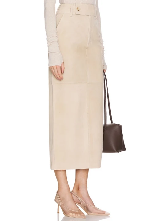 Zip Fly With Button Closure Cream Suede Leather Skirt