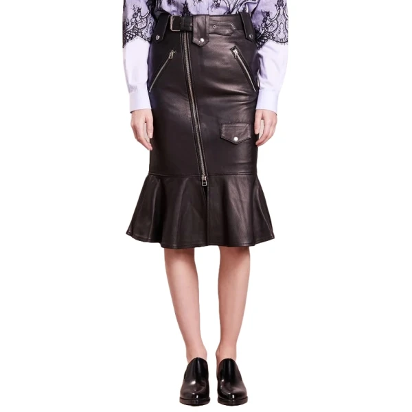 Zipper Pockets Black Leather Skirt