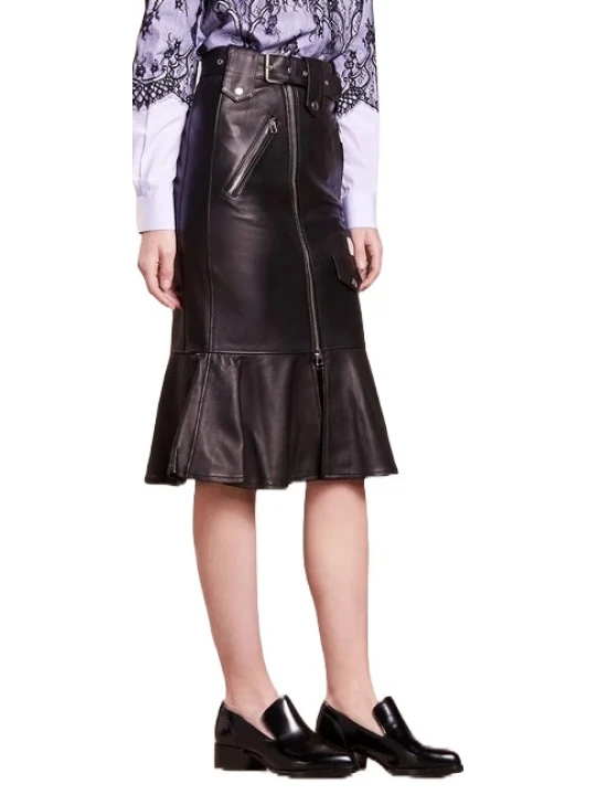 Zipper Pockets Black Leather Skirt