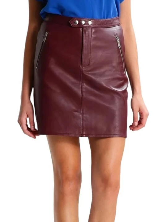 Zipper Pockets Burgundy Leather Skirt