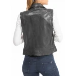 Asymmetric Black Leather Vest With Zip Fastening