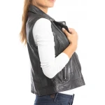 Asymmetric Black Leather Vest With Zip Fastening