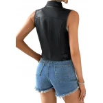 Asymmetric Zip Fastening Black Leather Vest