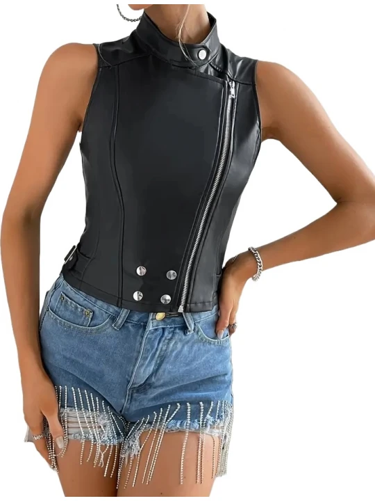 Asymmetric Zip Fastening Black Leather Vest