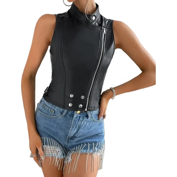 Asymmetric Zip Fastening Black Leather Vest