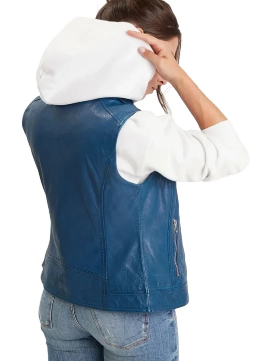 Asymmetric Zip Fastening Blue Leather Vest