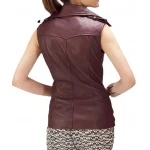 Asymmetric Zip Fastening Burgundy Leather Vest