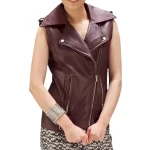 Asymmetric Zip Fastening Burgundy Leather Vest