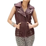 Asymmetric Zip Fastening Burgundy Leather Vest