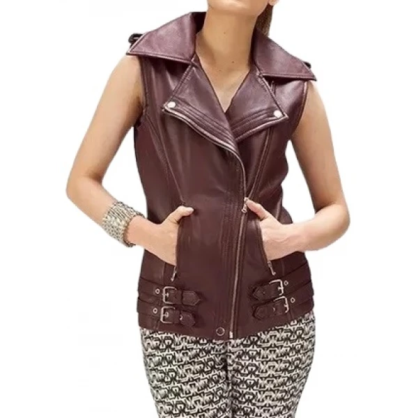 Asymmetric Zip Fastening Burgundy Leather Vest