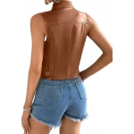 Asymmetric Zip Fastening Tan Leather Vest