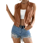 Asymmetric Zip Fastening Tan Leather Vest
