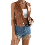 Asymmetric Zip Fastening Tan Leather Vest