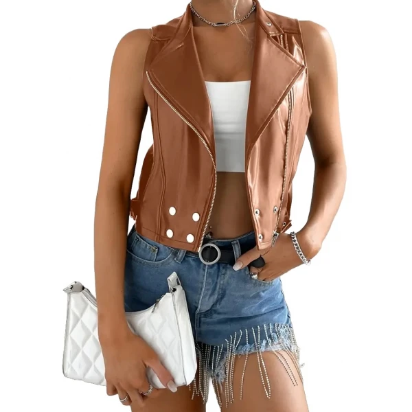 Asymmetric Zip Fastening Tan Leather Vest
