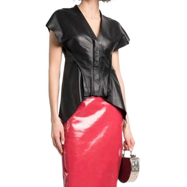 Black Leather Sleeves V Neck Vest