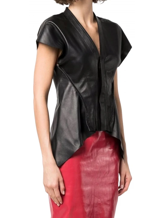 Black Leather Sleeves V Neck Vest