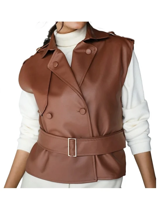 Brown Leather Vest With Double Breasted Front And Storm Flap