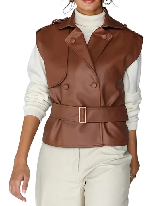 Brown Leather Vest With Double Breasted Front And Storm Flap