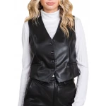 Button Closure Black Leather Vest