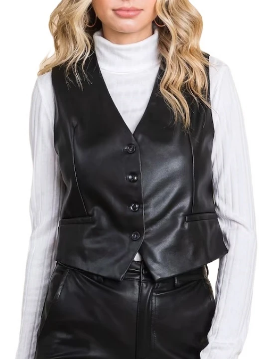 Button Closure Black Leather Vest