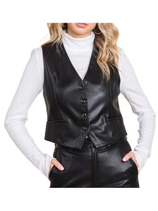 Button Closure Black Leather Vest