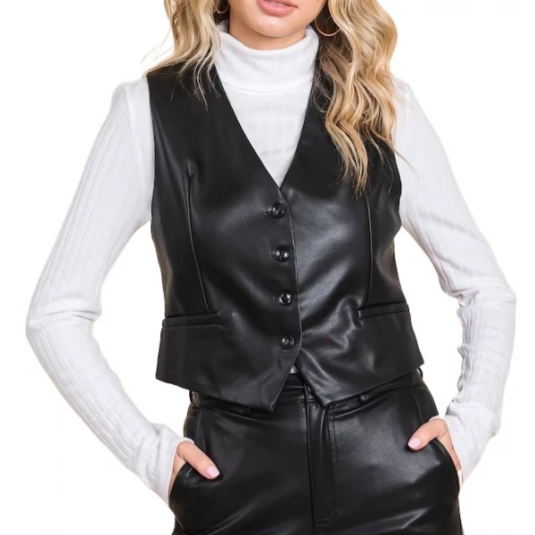 Button Closure Black Leather Vest