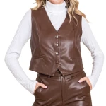Button Closure Brown Leather Vest