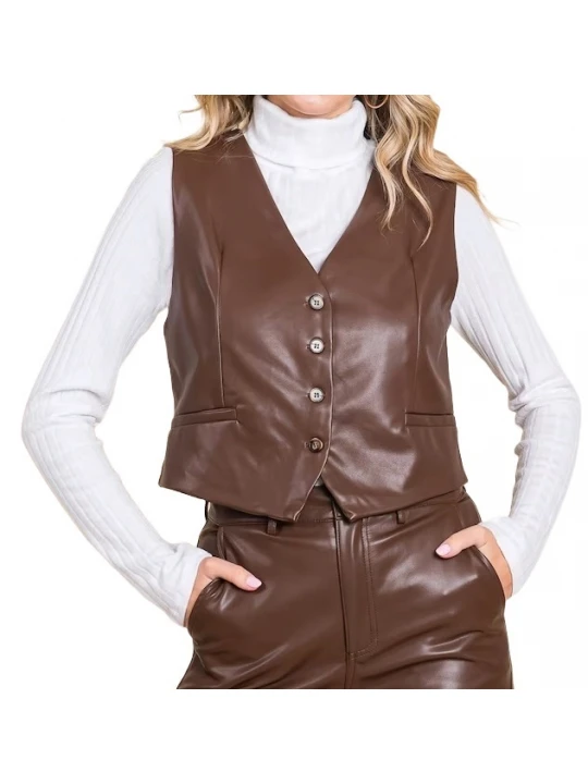 Button Closure Brown Leather Vest