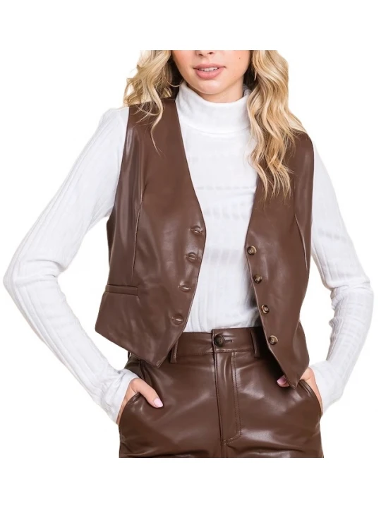 Button Closure Brown Leather Vest