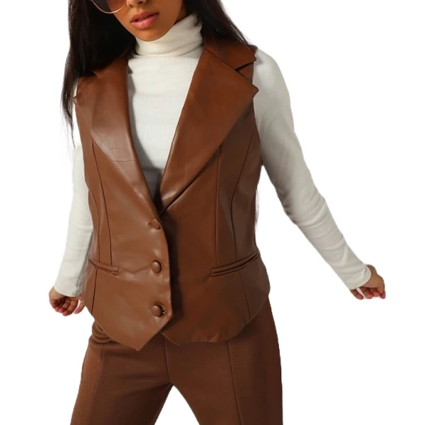 Button Front Brown Leather Vest