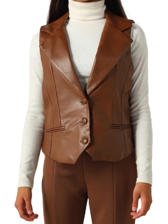 Button Front Brown Leather Vest