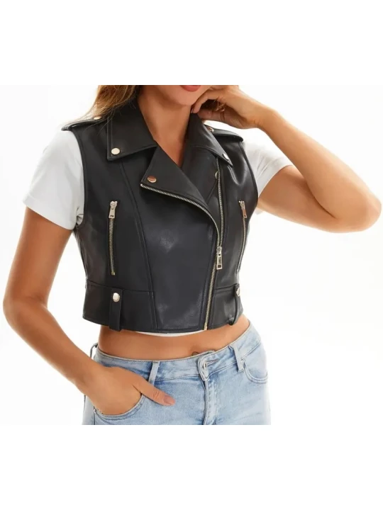 Cropped Black Leather Moto Vest