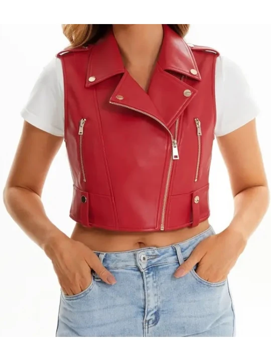 Cropped Red Leather Moto Vest