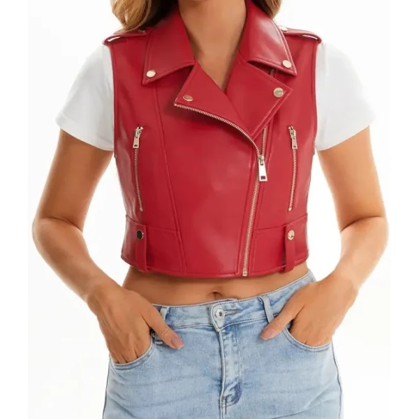 Cropped Red Leather Moto Vest