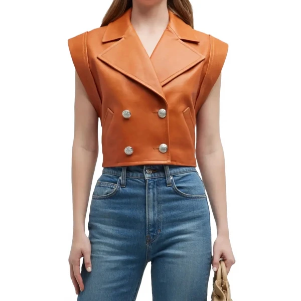 Double Breasted Brown Leather Vest