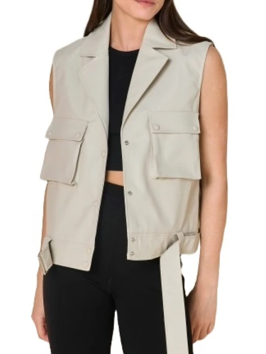Flap Pockets Beige Leather Vest