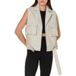 Flap Pockets Beige Leather Vest