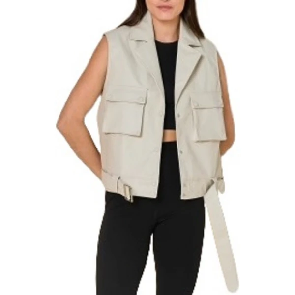 Flap Pockets Beige Leather Vest