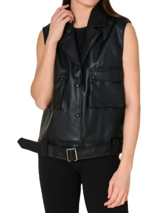 Flap Pockets Black Leather Vest